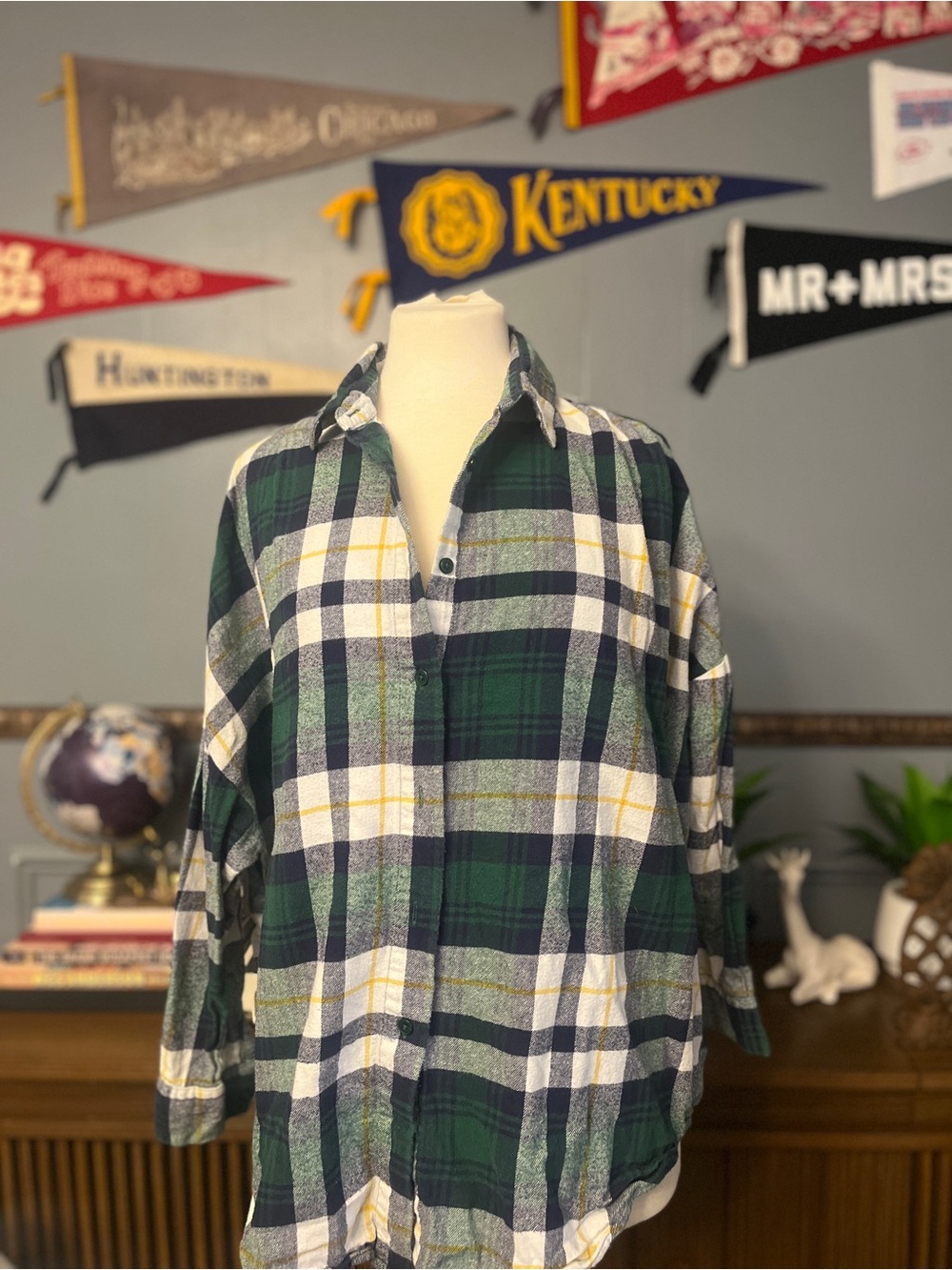 French Connection Green Navy White Plaid Flannel Button-Down Shirt